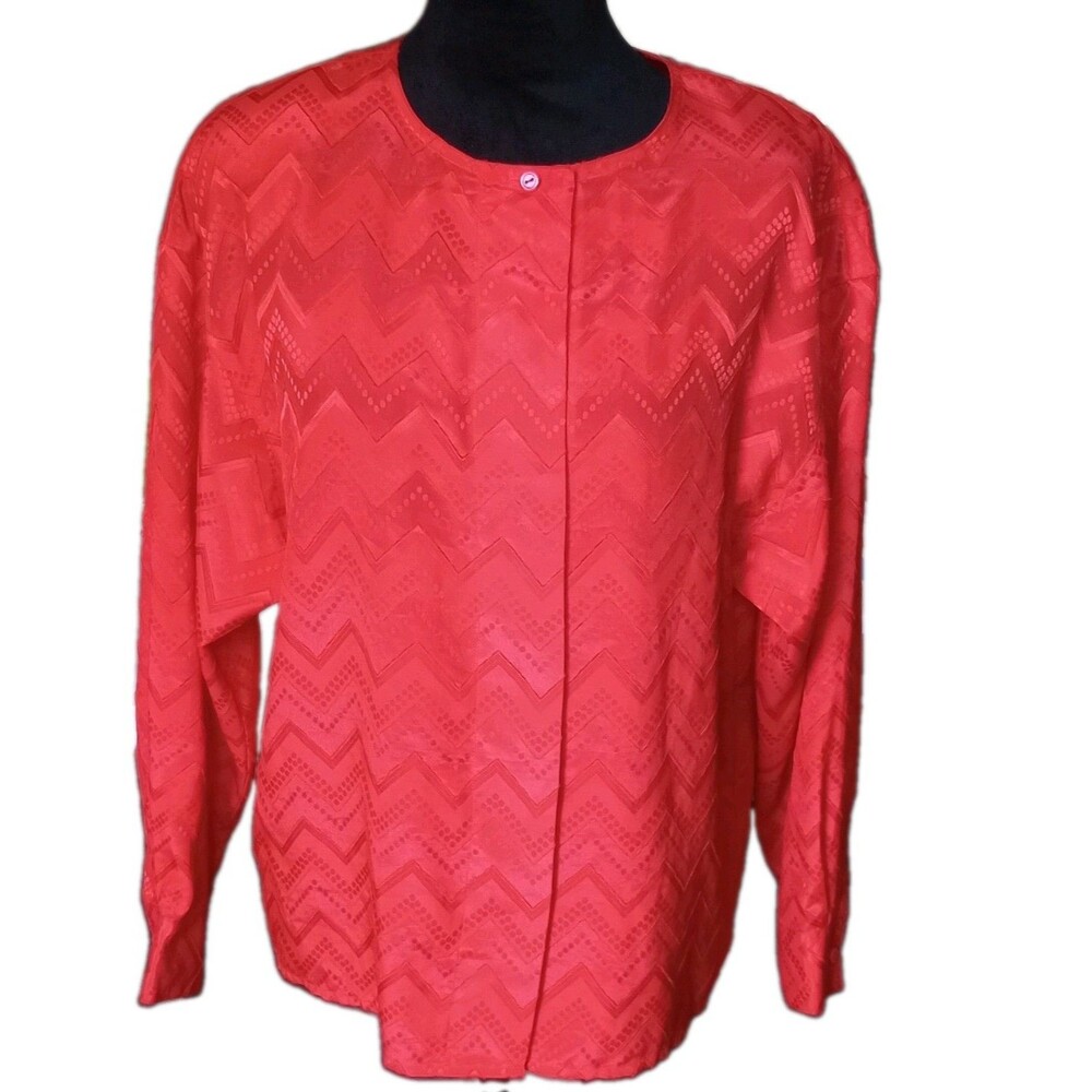 Lord & Taylor Ciaosport Petites Women's 12 Red Cheveron Button Up Blouse, Vtg